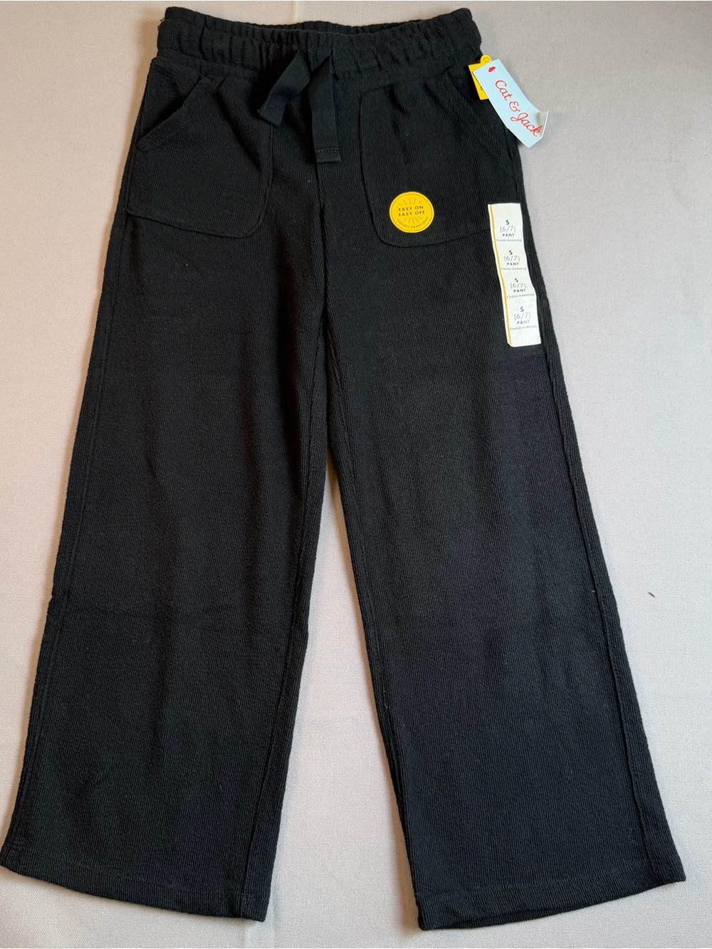 Cat & Jack Girls szS(6-7) Black Wide Leg Drawstring Elastic Waist Textured Pants